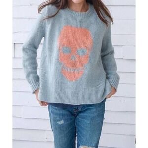 Wooden Ships Sweater Women Medium Blue‎ Big Skull Chunky Knit Mohair Wool Blend
